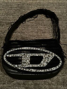 Diesel Black Shoulder Bag with Crystal Logo Accent
